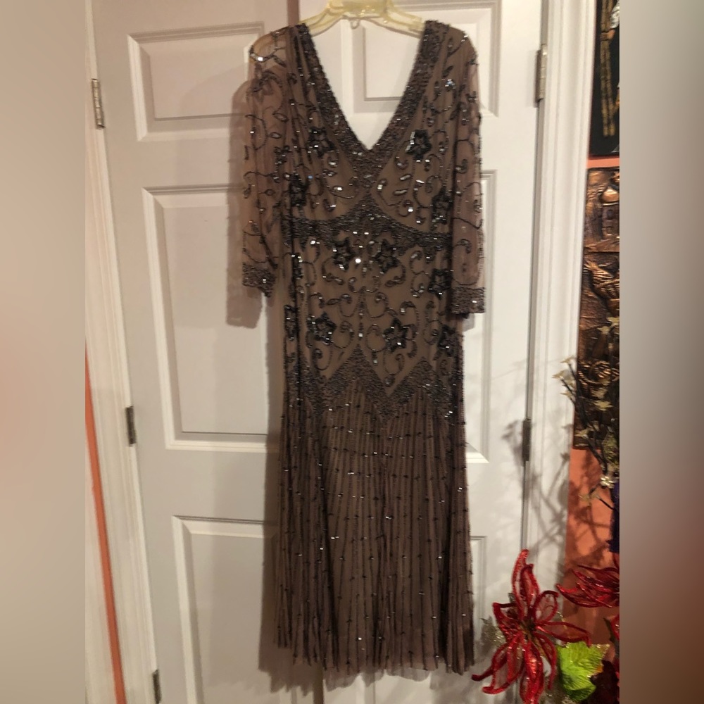 Long tan dress with charcoal and black sequins by Pissarro Nights
